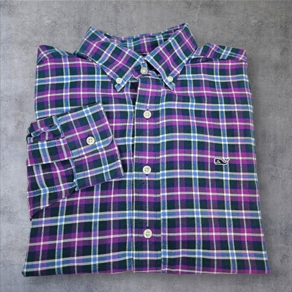 Vineyard Vines Whale Shirt Purple & Navy Flannel Button‎ Down Size Large Men M11 - Picture 1 of 9
